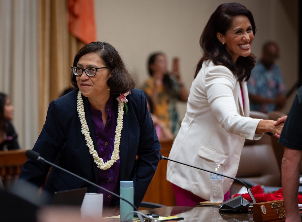 Floor leader Esther Kia'āina, left, and Vice Chair Andria Tupola at City Council chambers in Honolulu May 13, 2026. (Craig Fujii/Civil Beat/2026)