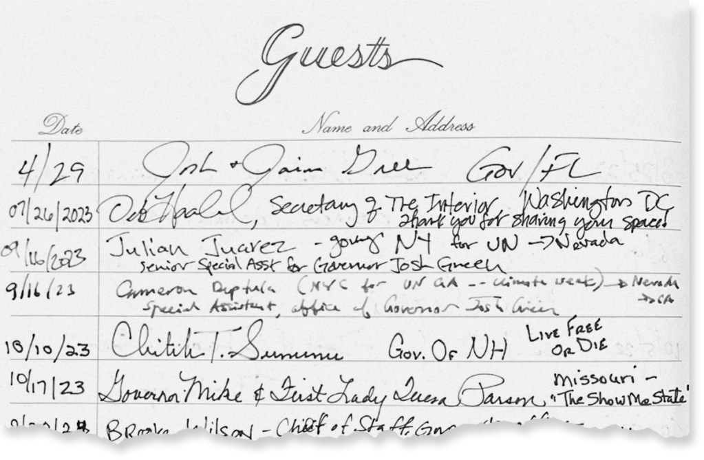 Image excerpt from the Governorʻs Lounge guest book showing the signatures of guests from 2023.