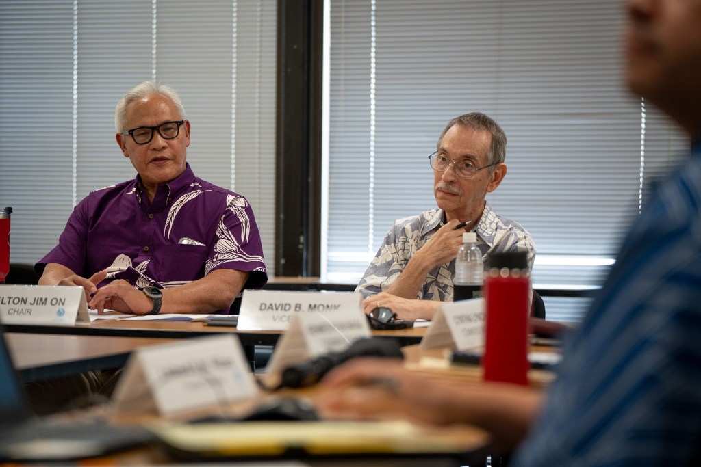 Ethics Commission Chair Shelton Jim On, left, and vice-chair David Monk during a meeting at Kapālama Hale in Honolulu June 4, 2026. (Craig Fujii/Civil Beat/2026)