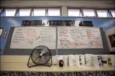 Fan tailing hot air in classroom Ilima Intermediate School in Ewa Beach. The temperature was measured at 94.1F with fans going and no student inside on September 12, 2014