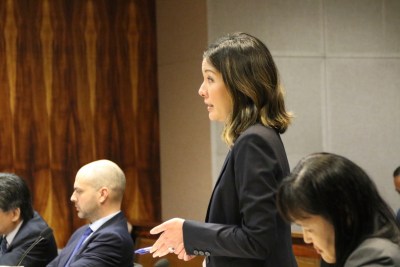 Hawaii deputy attorney general Kristen Sakamoto speaks during a hearing about Airbnb vacation rentals as Jacob Sommer, attorney for Airbnb, second from left, listens, Thursday, Feb. 7, 2019 in Honolulu. First Circuit Court Judge James Ashford denied Hawaii's move to compel Airbnb to hand over a decade of vacation rental receipts as the state examines whether hosts have been paying the equivalent of hotel and sales taxes. (AP Photo/Audrey McAvoy)