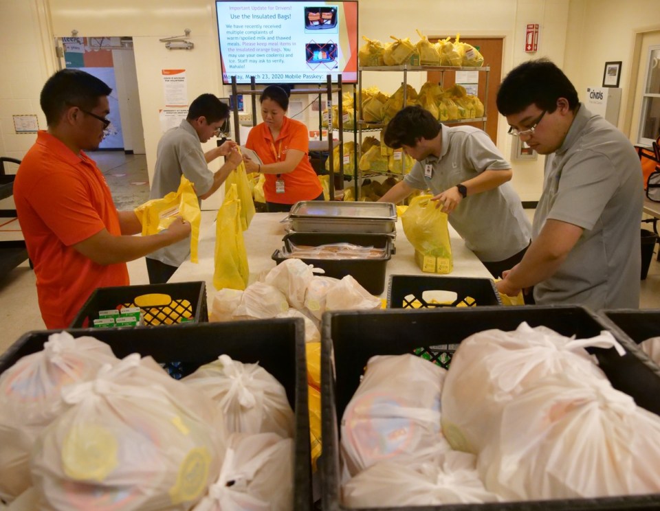 Lanakila Meals on Wheels employee's (start from left). Ryan Quemado, Jose Sanchez, Lori Lau,Taylan Texira, and Micheal Lara. They pack over 1,200 emergancy care packages for Oahu’s 
homebound seniors and individuals with disabilities in a response to the Covid-19 outbreak. Monday March 23rd 2020 in Honolulu, Hawaii. (Photo: Ronen Zilberman/Civil Beat)                                                    
