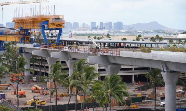 HART rail guideway near the Daniel K Inouye International Airport with a view of Diamond Head in the background. June 11, 2020