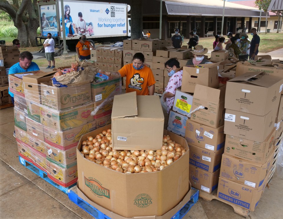 Volunteers prepare food donations to be given out to community members in need at the Waimanalo District Park in Waimanalo, HI, on Monday, June 15, 2020. The City teamed up with the Hawaii Community Foundation and the Hawaii Foodbank back in late April 2020 to help provide relief for those impacted by loss of income from the COVID-19 pandemic.  (Ronen Zilberman photo Civil Beat)