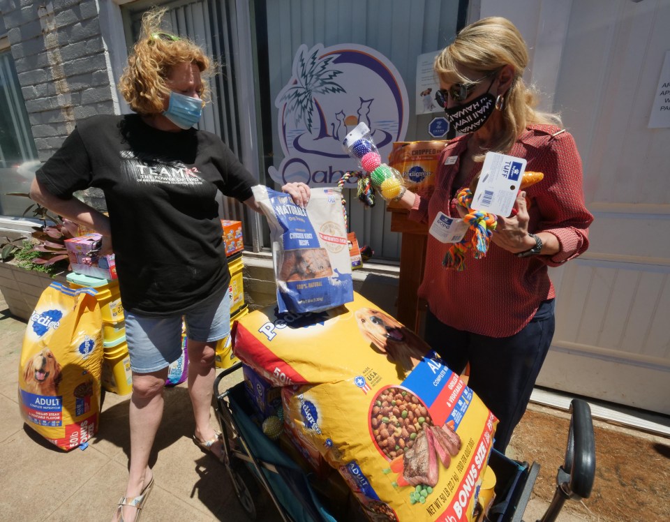 Kathy Ruper, Executive Director t of the Oahu SPCA, recieves a donation of pet food &amp; supplies from Kina Knisley of Keller Williams on Friday, August 14, 2020. (Ronen Zilberman photo Civil Beat)