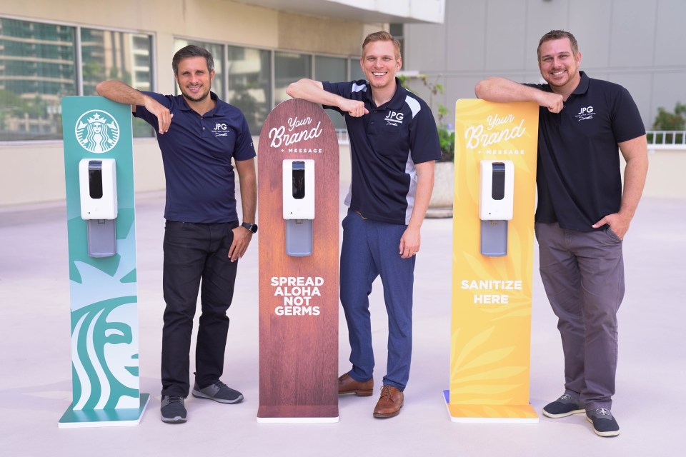 JPG Hawaii Pivots to Provide PPE, Branded Hand Sanitizer Stations, and New Advertising Opportunities to Businesses Throughout Hawaii 
far left is Branden Gedeon, VP of Operations,, Middle, Jean-Paul Gedeon, Founder and President JPG Hawaii, Far Right Joe Gedeon, VP of Sales at JPG Hawaii

