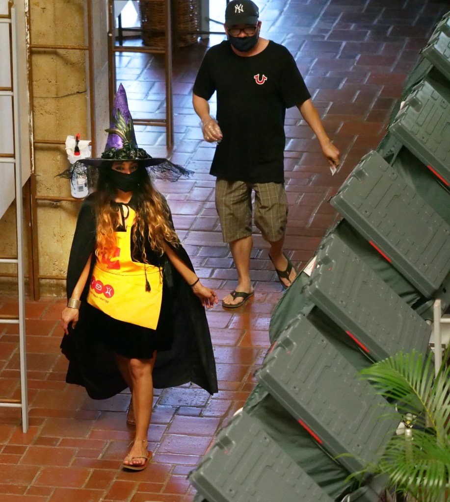 An election worker dressed for Halloween leads a voter to a voting booth at the Honolulu Hale Saturday, October 31, 2020. (Ronen Zilberman photo Civil Beat)