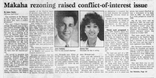 The Honolulu Advertiser flagged ethics concerns in 1990 about the rezoning of Makaha land from country to resort a year prior.
