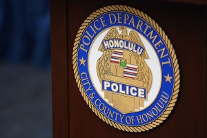 Honolulu Police Department HPD seal on lectern at HPD.