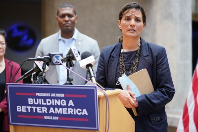 EPA Regional Administrator Martha Guzman speaks to media announcing a EPA investigation into the Red Hill fuel leak at a press conference held at the Federal Building.