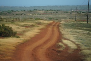Red dirt road headed towards the Molokai Land Trust's The Mokio Preserve.