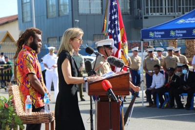U.S. Ambassador to Australia Caroline Kennedy speaks at the Coastwatchers and Solomon Islands scouts memorial in Honiara.
