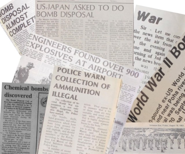 A picture of clippings from the Solomon Star Newspaper in the 1980s relating to various pleas and operations relating the unexploded bombs in the Solomon Islands