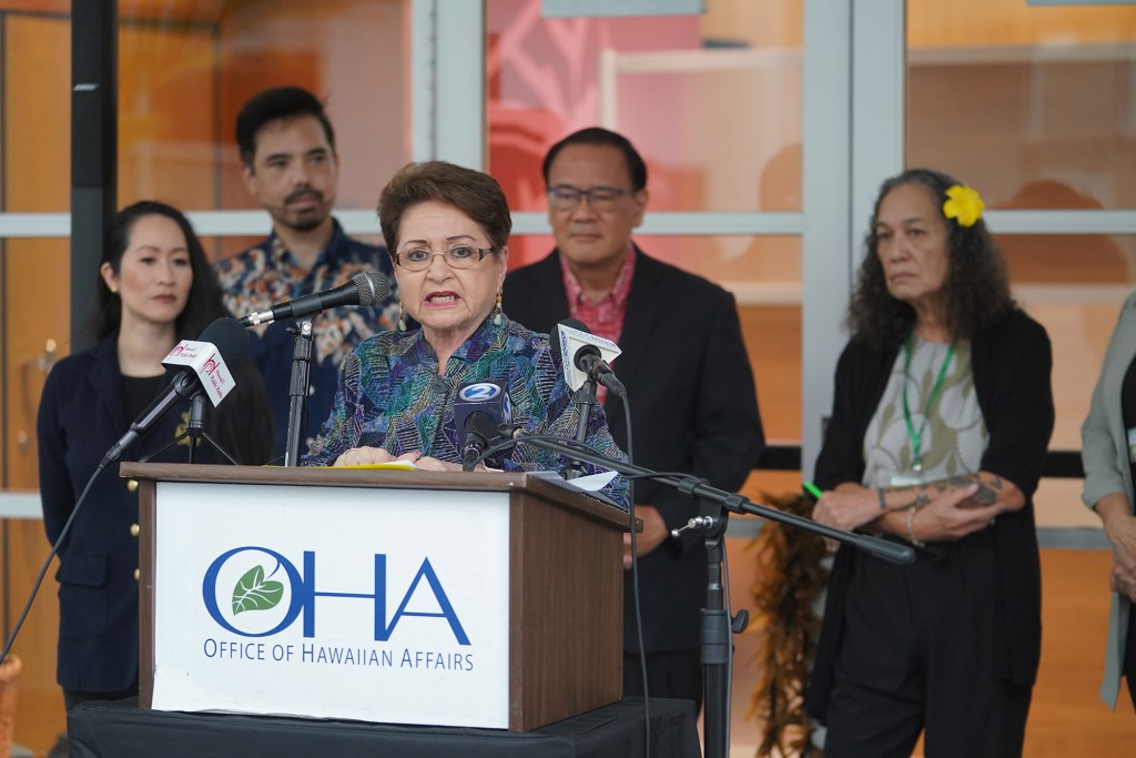 OHA Office of Hawaiian Affairs Chair Carmen Hulu Lindsey speaks to media about results from a recent forensic audit.