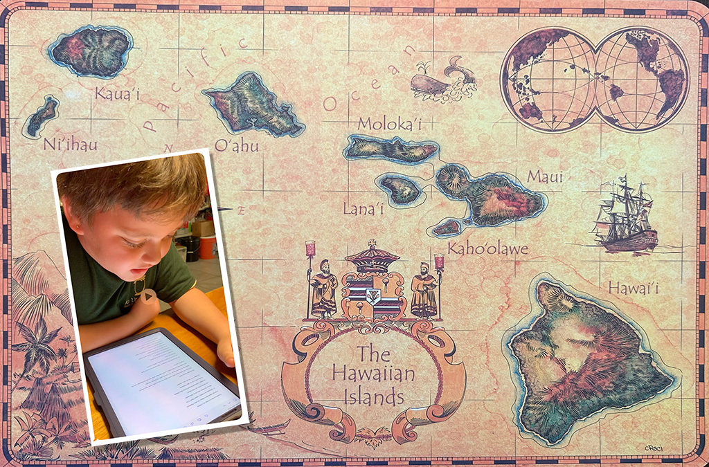 Naka Nathaniel's son, Mescal, reads a passage in Hawaiian.