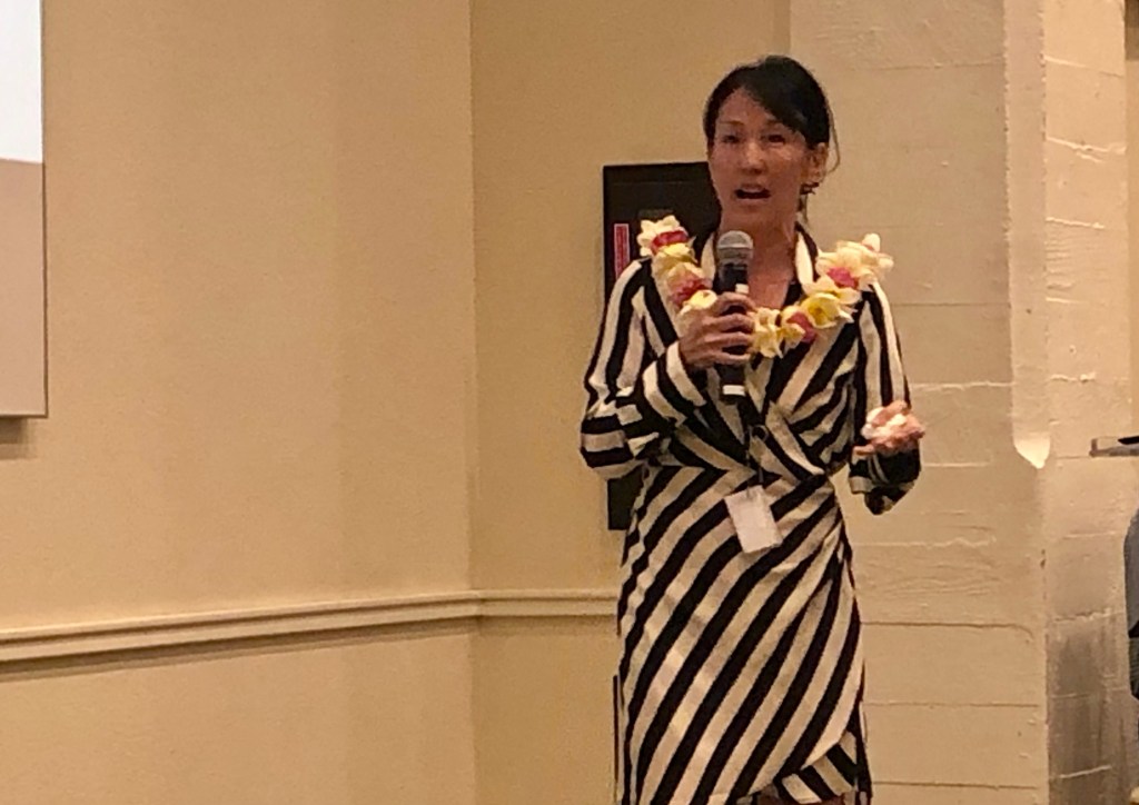 Dawn Takeuchi Apuna, director of Honolulu Department of Planning and Permitting (DPP), speaks at a luncheon for business leaders on April 20, 2023.