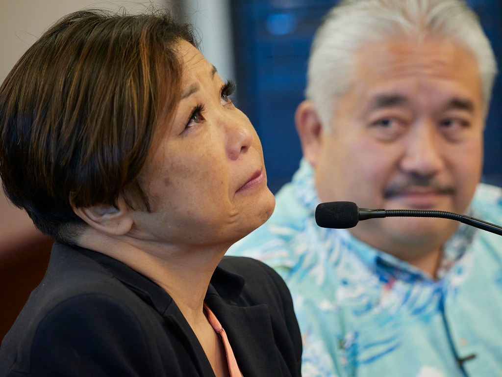The issue of how and when to reopen schools was extremely fraught. Complex Area Superintendent Desiree Sides struggled at a Board of Education meeting to voice everything that would be necessary in Lahaina for students overcome some of the trauma of living through the Lahaina Fires (David Croxford/Civil Beat/2023)