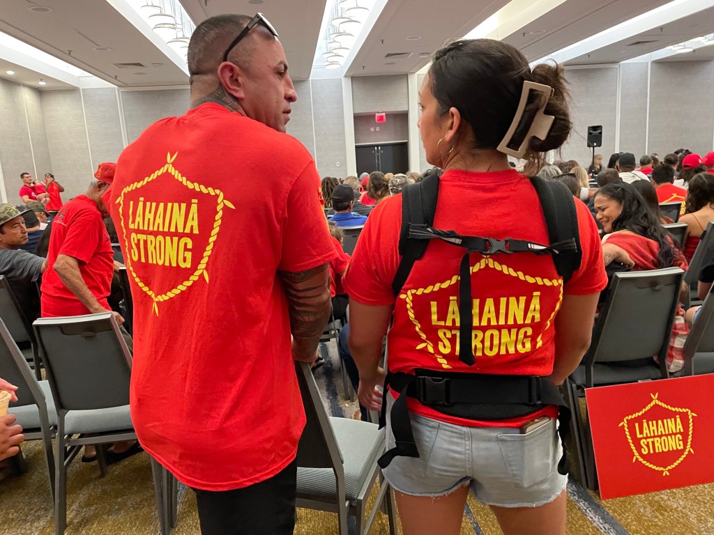 Community meetings on the future of Lahaina and reopening West Maui for tourism drew large and passionate crowds of displaced residents in September. (Paula Dobbyn/Civil Beat/2023_