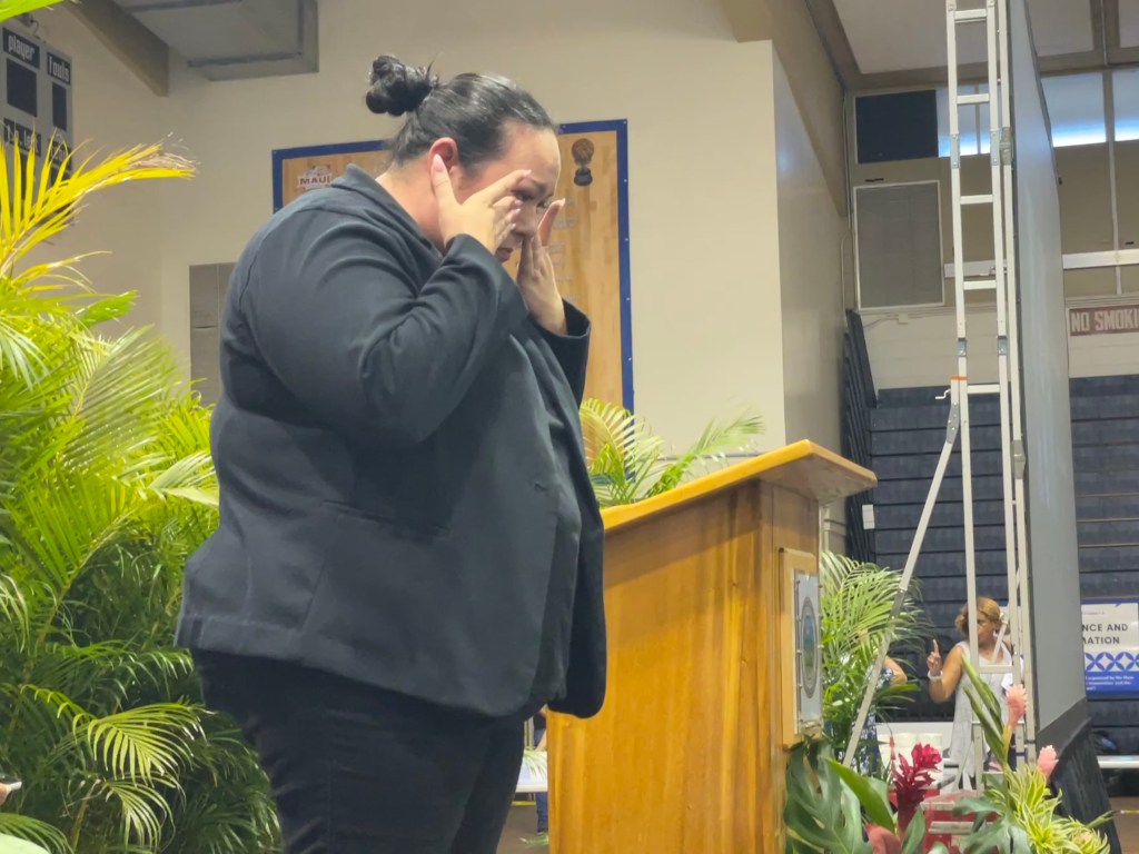 Lahaina fire survivors shared both their grief over the fire and their concerns about the future of Lahaina in a series of public meetings in September. (Brittany Lyte/Civil Beat/2023)