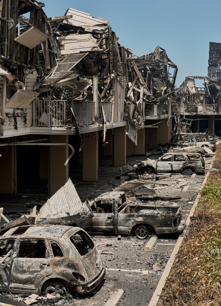 Destroyed buildings caused by wildfires in Lahaina, Maui, Hawaii.