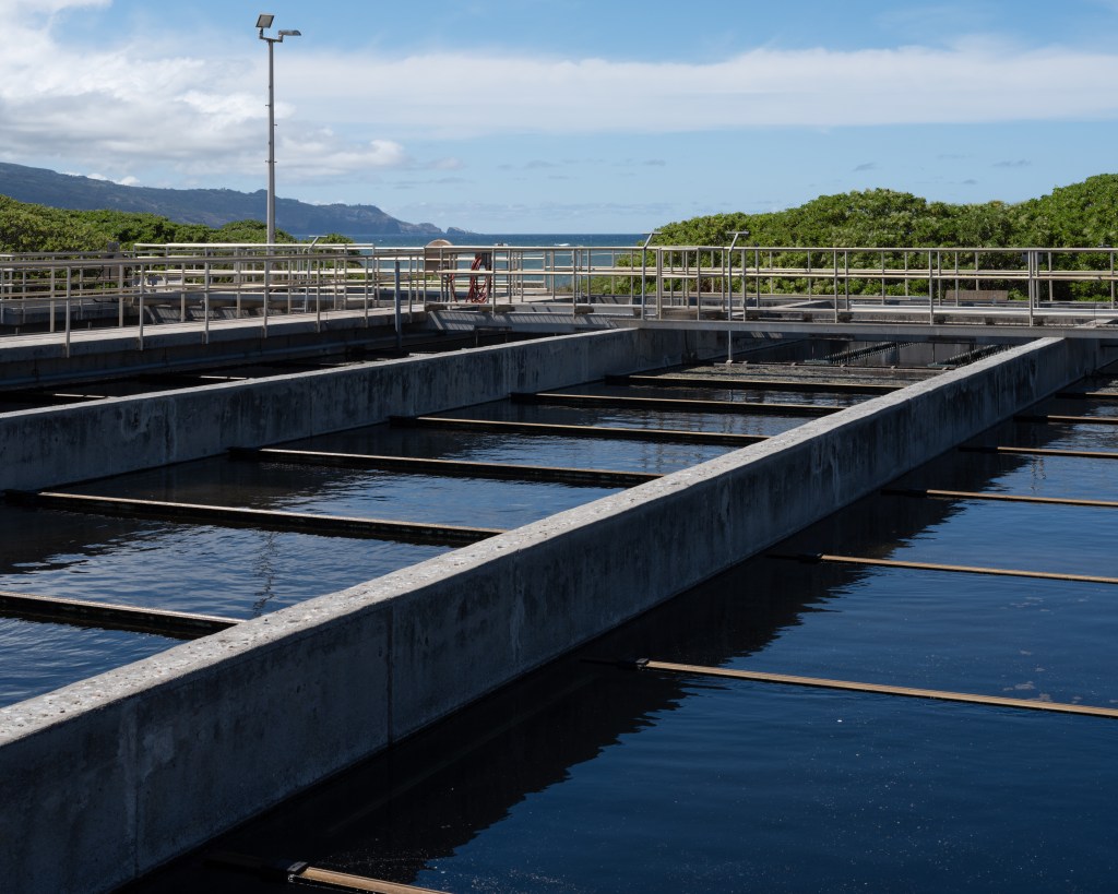 Pools of water being treated at the Kahului wastewater plant.