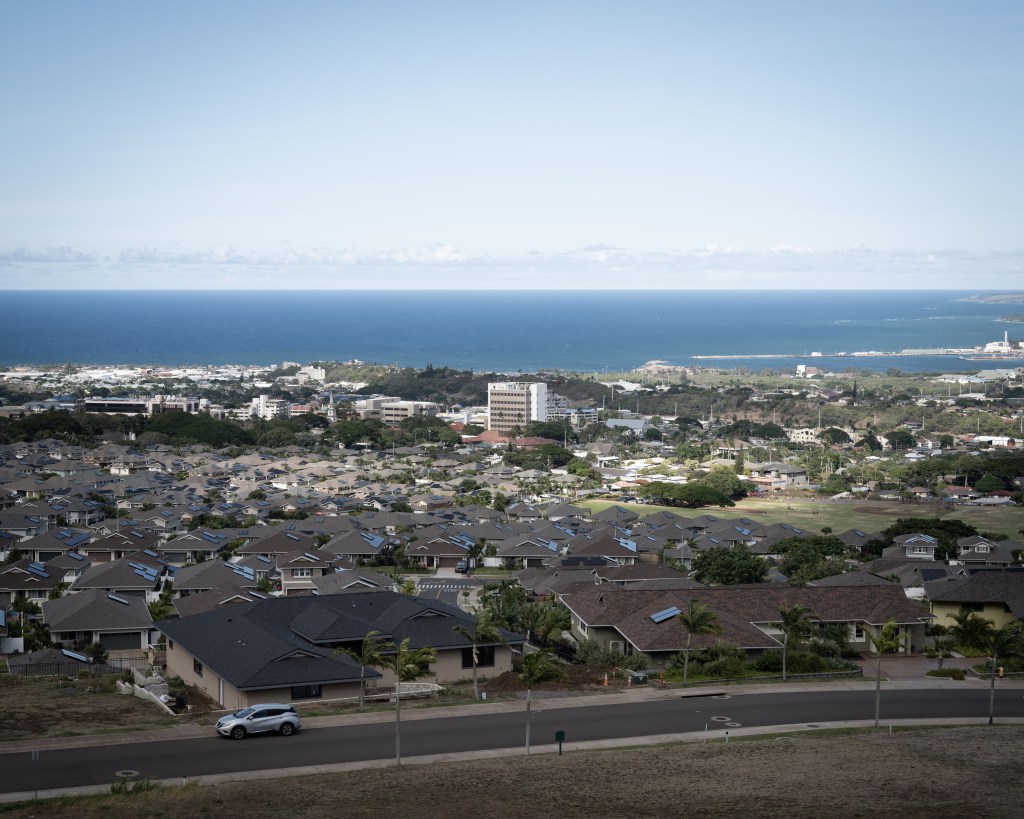 Looking down over Wailuku with the Kalana O Maui building in the distance.