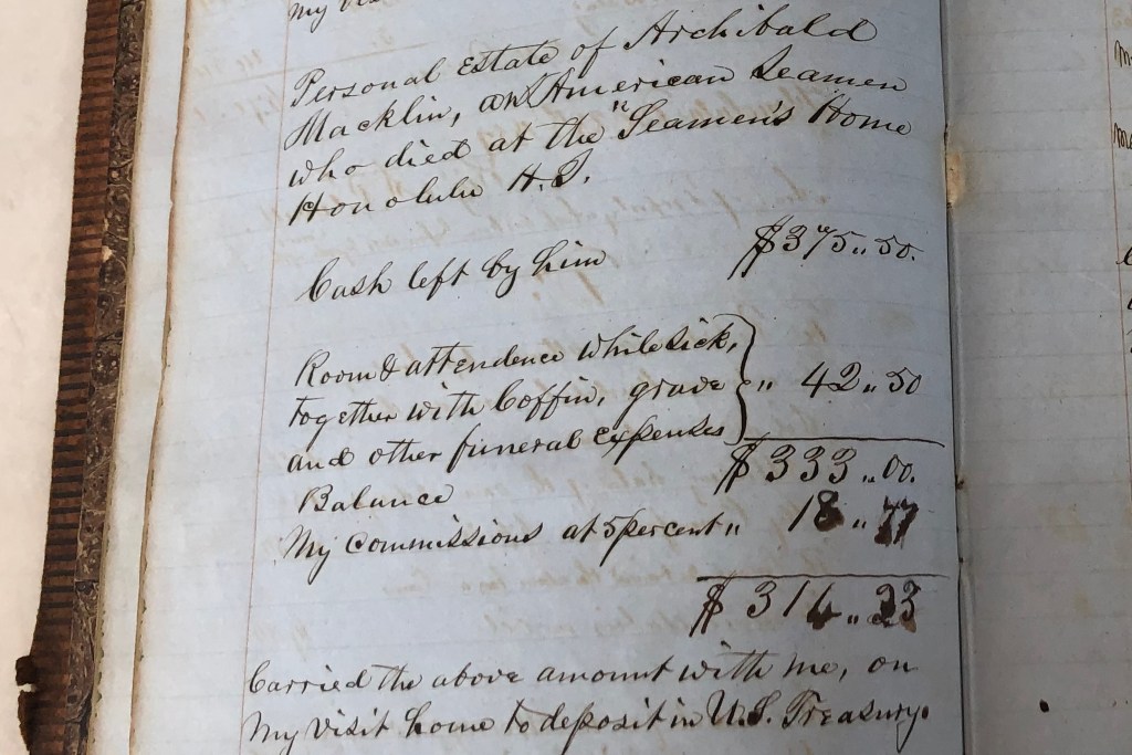 A note in an old book with details about Archibald Macklin who died at the Seamen's Home in Honolulu