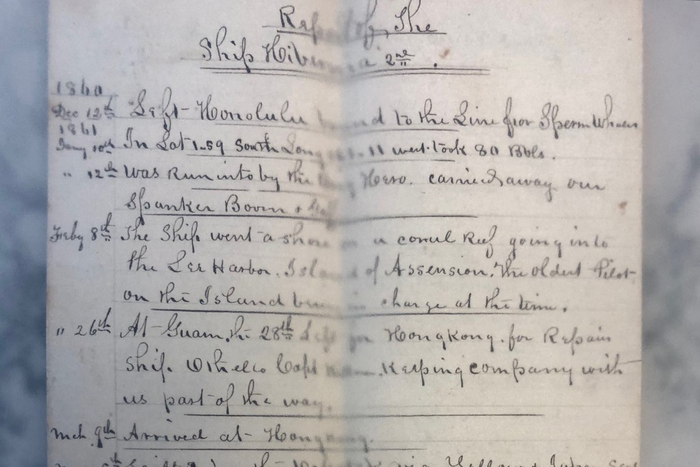 Page from the ship log with the words "Record of the ship Hibernia" written at the top.