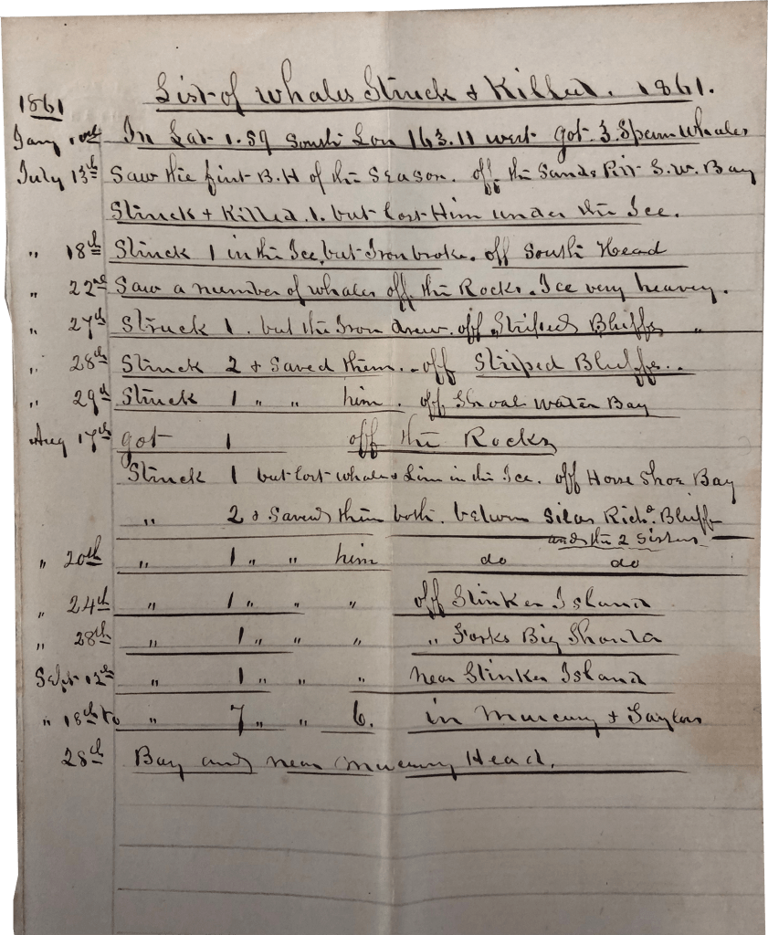 Handwritten log of whales killed in 1861 by a whaling ship.