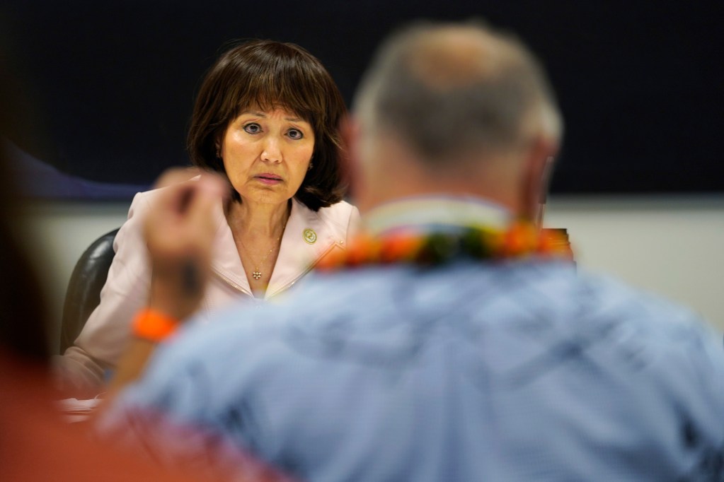 Senate committee on higher education Chair Donna Mercado Kim questions current University of Hawaii Board of Regents Chair Alapaki Nahale-a during a confirmation hearing Tuesday, Feb. 27, 2024, in Honolulu. (Kevin Fujii/Civil Beat/2024)