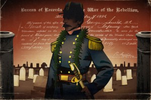 Illustration of a man in a Civil War uniform with a ti leaf lei draped over his shoulder, framed by two upturned cannons, in the background is Oahu cemetery with grave-markers and an overlaid image of a Civil War enlistment document.