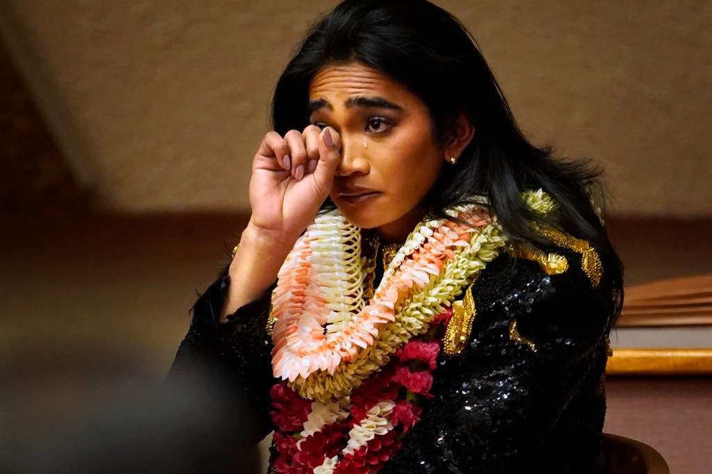 Bretman Rock wipes away tears as he’s recognized by the House of Representatives Wednesday, March 13, 2024, in Honolulu. Rock is a 25-year-old, first-generation Filipino-American social-media, beauty influencer with more than 50-million followers. He graduated from Campbell High School in Ewa Beach. (Kevin Fujii/Civil Beat/2024)