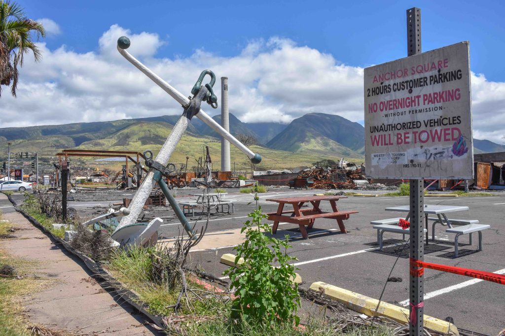 Anchorage Square in Lahaina is one of 140 commercial properties or public buildings that is included in the Army Corps of Engineers debris removal project. (Cammy Clark/Civil Beat/2024)