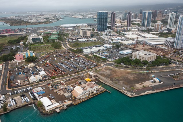 Aerial view of the Kakaʻako waterfront where OHA owns several parcels of land.
