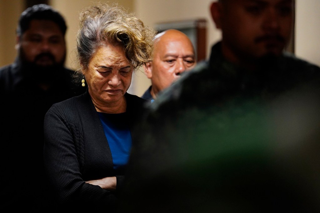 Supporters of Sina Pili leave the courtroom after her arraignment on manslaughter charges Thursday, March 13, 2025, in Honolulu. Pili’s adopted daughter Azaeliyah Pili-Ah died Dec. 22, 2023. Emergency services found Azaeliyah unresponsive with bruises on her body and face in Pili’s Lā’ia home. Pili worked as a Department of Education behavioral health specialist since 2015. (Kevin Fujii/Civil Beat/2025)