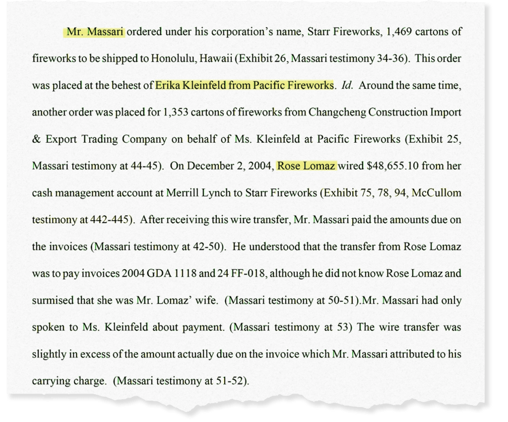 Part of a court document detailing the activities of John Massari, Erika Kelinfeld and Larry Lomaz in regards to fireworks shipment and payment.