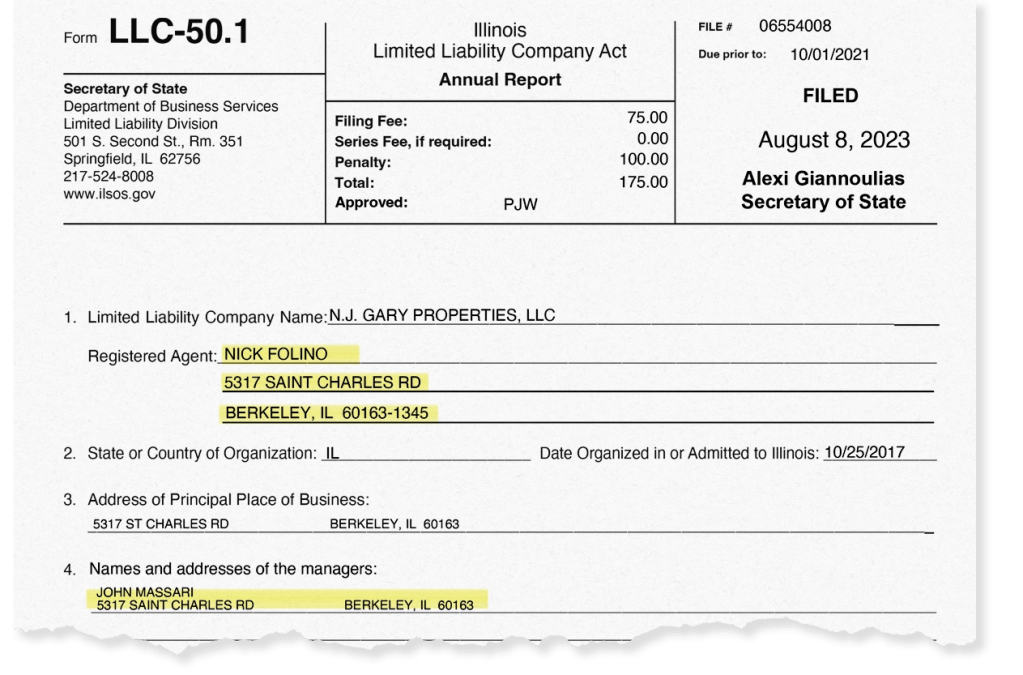 Part of a business document for NJ Gray Properties LLC connecting Nick Folino and John Massari with the 5317 St. Charles Road address.