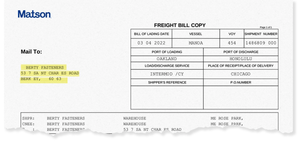 Part of the invoice from Matson regarding a shipment of fireworks to Honolulu in 2022.