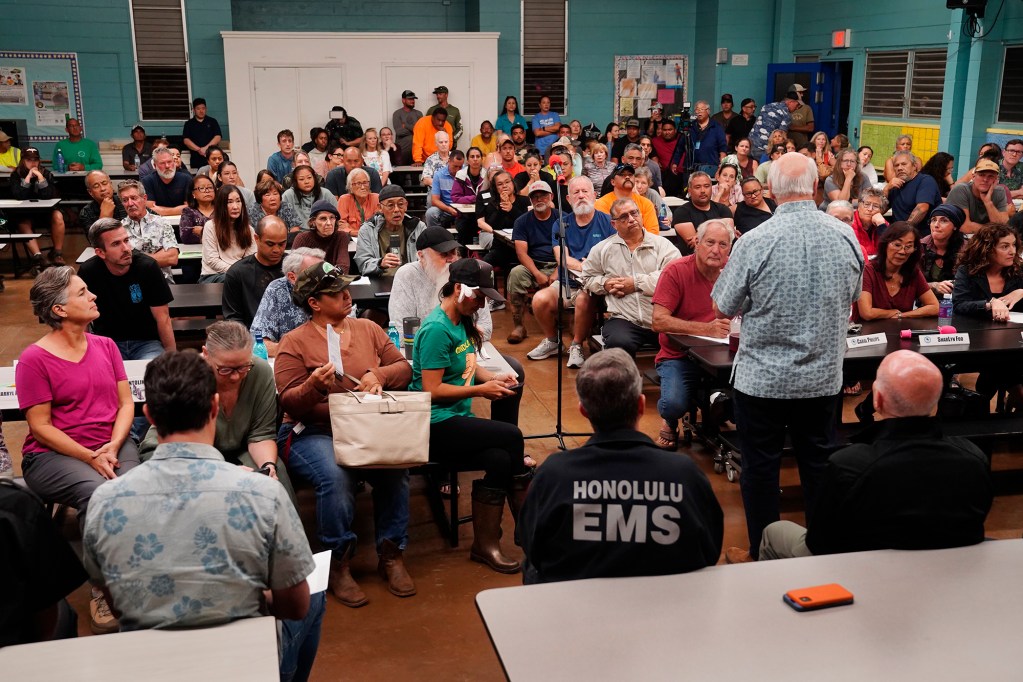 Mayor Rick Blangiardi speaks during the regularly scheduled North Shore community board meeting about the flooding at Waialua Elementary Tuesday, March 24, 2026, in Waialua. (Kevin Fujii/Civil Beat/2026)