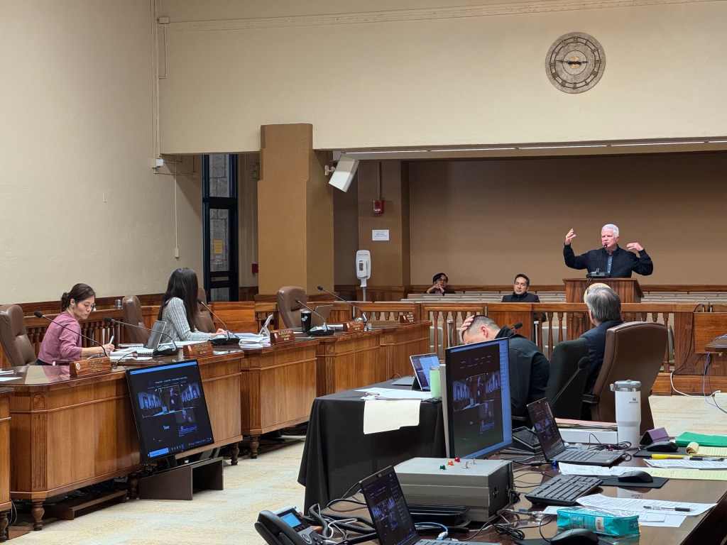 Mike Formby gesticulates as he defends the city administration's Kona Low response to city council members