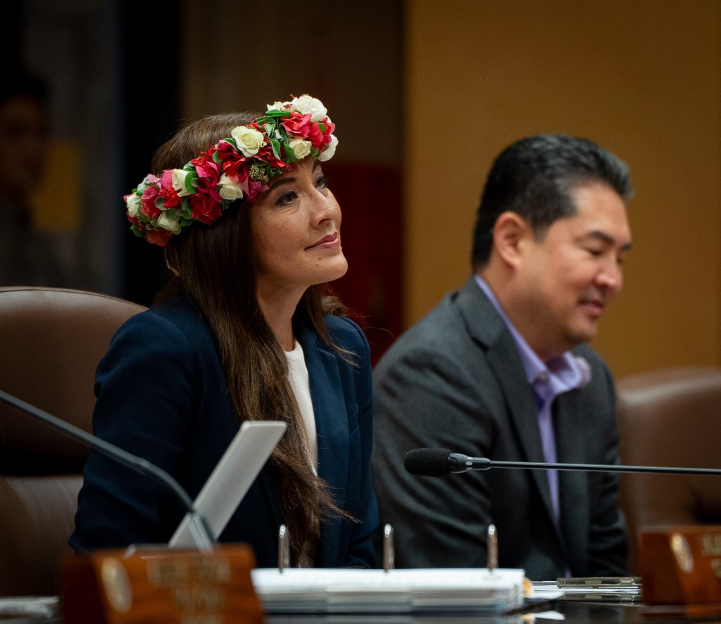 Councilmembers Val Aquino Okimoto and Scott Nishimoto at City Council chambers in Honolulu May 13, 2026. (Craig Fujii/Civil Beat/2026)