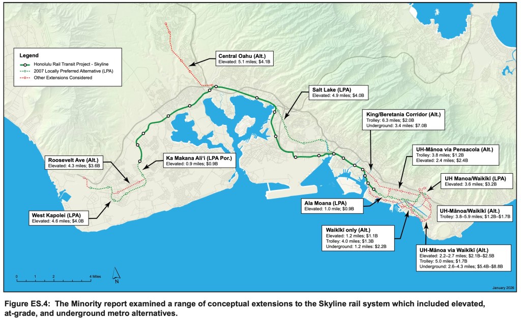 The report commissioned by the Honolulu Authority on Rapid Transportation board of directors envisions possible extensions of the exiting rail line including a lengths of trolley and subway to navigate the dense urban developments including Waikīkī. HART has tried to prevent the release of the report.