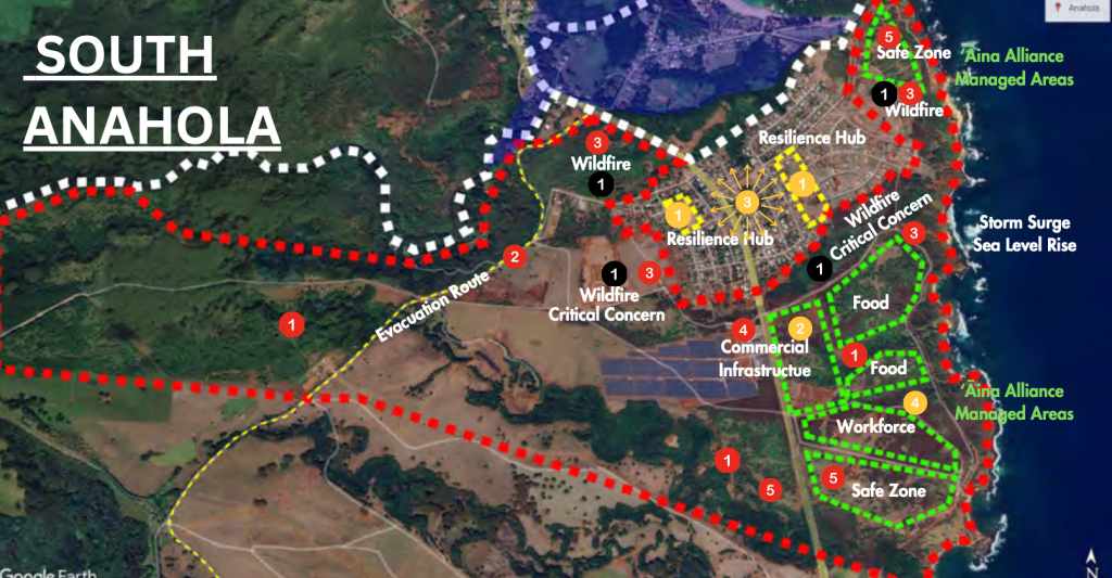 A map of the southern portion of Anahola on Kaua‘i with numbered areas to identify wildfire risks and where evacuation routes, farming and safe zones should go.